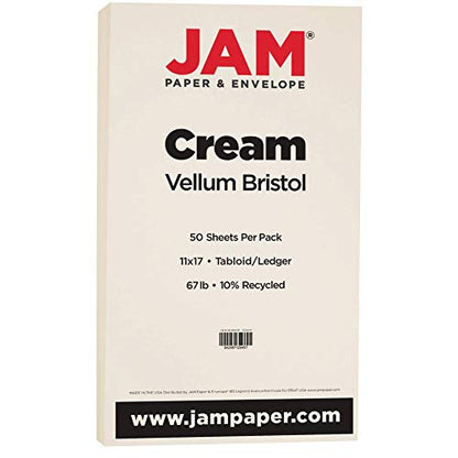 JAM PAPER Vellum Bristol 65lb Cardstock - 11 x 17 Ledger Size Coverstock - 147 gsm - Creme - 50 Tabloid Sheets/Pack - color: Cream, size: 11" x 17"