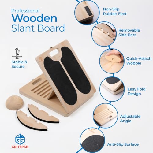 Slant Board for Exercise, 3-in-1 Wooden Calf Stretcher, Rocker Balance Board and 360° Wobble Board, 5 Adjustable Angles, Anti-Slip Surface, Training Poster Included - size: Standard
