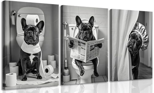 3Pcs Framed Black White French Bulldog Bathroom Wall Art Abstract Dog Toilet Paper Poster Prints Artwork Funny Animal Pictures Wall Decor for Washroom Home Decoration 12x16in - color: Dog, size: 16"L x 12"W Canvas