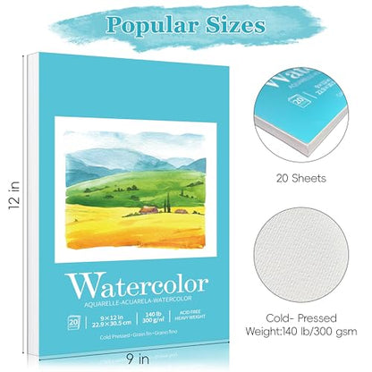 Sadoup Watercolor Paper Pad, 9x12 Inch, 140lb/300gsm Cold Press, 20 Sheets | Premium textured surface, acid free & PH neutral, easy sheet removal, ideal for painting, sketching and mixed media creations - size: 9*12inch