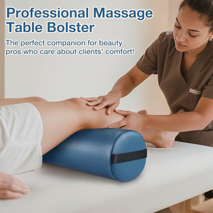 26 x 6 In Full Round Massage Bolster, PU Leather Bolster with Strap Handle | Under Knee Pillow for Massage Table, Under Back Ankles Pain Relief Roll Bolster Pillow for Yoga & Spa, Round Leg/Neck Support - color: 6" Full Round - Blue