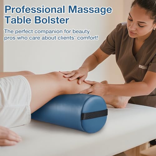 26 x 6 In Full Round Massage Bolster, PU Leather Bolster with Strap Handle | Under Knee Pillow for Massage Table, Under Back Ankles Pain Relief Roll Bolster Pillow for Yoga & Spa, Round Leg/Neck Support - color: 6" Full Round - Blue