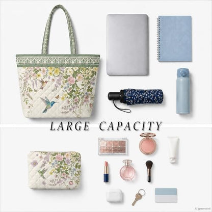 Quilted Tote Bag 2 Pack, Women's Tote Handbags for Work Travel - color: Mint Hummingbird Bronze