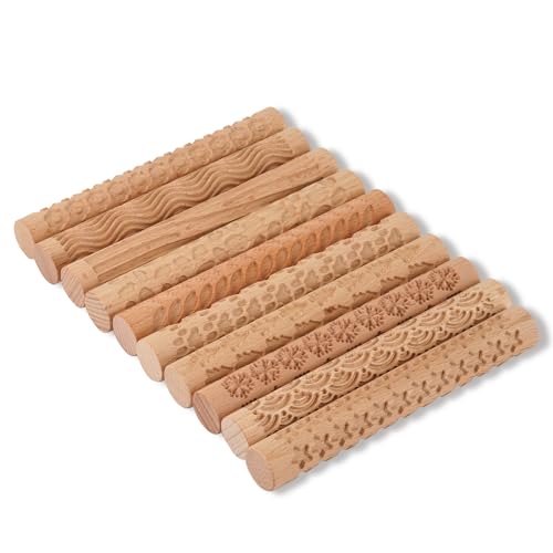 Lzttyee Wooden Handle Pottery Tools Clay Modeling Pattern Rollers, Brown | Clay Texture Rollers Set of 10 - color: Set of 10