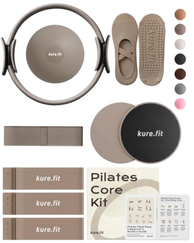 Pilates Kit | Pilates Equipment Set for Home Workouts | Accessories & Guide | Matching-color Pilates ball, Pilates ring, resistance bands, Pilates accessories, video tutorials & gift box for home use. - color: Taupe, style: Core Kit - 10PC