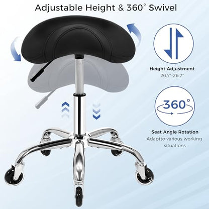 ANWBROAD Saddle Stool with Wheels, Thick Wide Saddle Seat Padding, Black