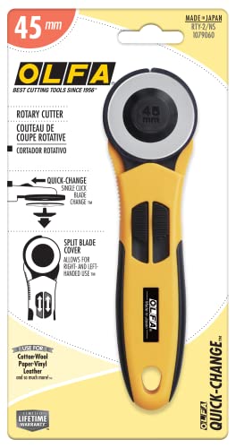 OLFA 45mm Quick-Change Rotary Cutter (RTY-2/NS) - Split Cover, Ambidextrous | 45mm Quick Change Rotary Cutter with dual blade guard cover, Right & Left Handed, Integrated grooves - Quilters and Crafters