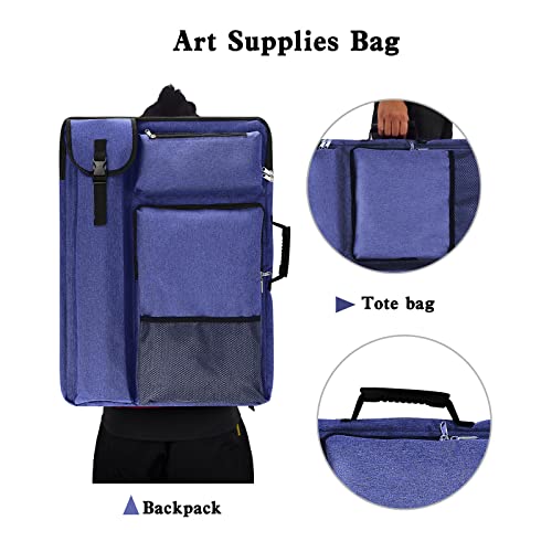 TreochtFUN Art Bags for Supplies Portfolio Case 19 X 25.5 in Artist Folder | for Storage A2 Canvas Board A3 Sketchbook - Carrying Artwork with Backpack & Tote-handle - color: Navy Blue