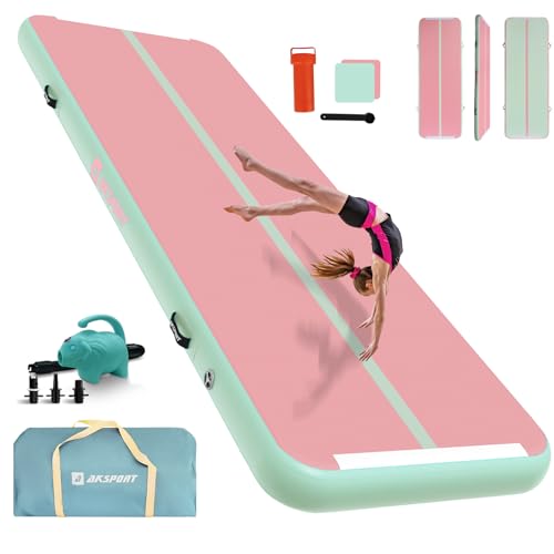 AKSPORT Inflatable Gymnatsics Mat Tumble Track 10ft 13ft 16ft 20ft 23ft Air Tumbling Mat with Air Pump for Home Use/Training/Cheerleading/Yoga - color: Green Pink, size: 16ftx3.3ftx4inch
