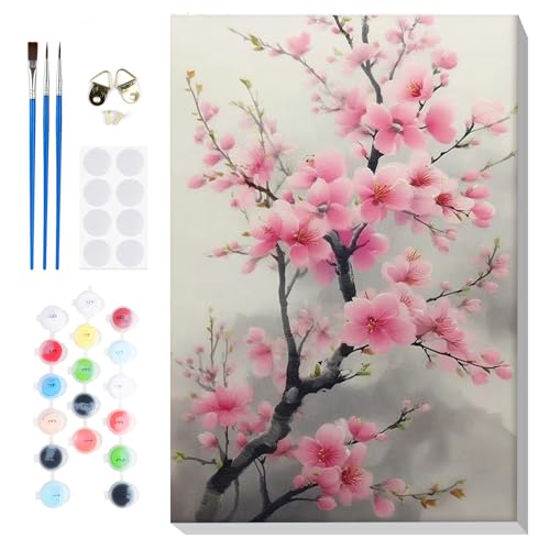 Bowetile Framed Paint by Numbers Flower Kit for Adults, Adults' Paint-by-Number Kits on Canvas, Painting by Numbers Cherry Blossom, Acrylic Number Painting Gifts for Home Wall Decor, 8x12in - color: Cherry Blossom