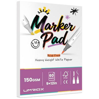 Umriox 60 Sheets 150 GSM Double Sided Marker Paper Pad, 9x12 Bleedproof | 120 Usable Pages, 150 GSM Paper for Alcohol Markers, Easy-Tear Tape Bound, Lay-Flat Blending with No Bleed-Through - size: 60 Sheets/120 Pages