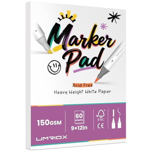 Umriox 60 Sheets 150 GSM Double Sided Marker Paper Pad, 9x12 Bleedproof | 120 Usable Pages, 150 GSM Paper for Alcohol Markers, Easy-Tear Tape Bound, Lay-Flat Blending with No Bleed-Through - size: 60 Sheets/120 Pages