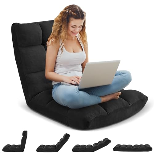 Folding Floor Gaming Chair, 14-Position Adjustable Backrest, Skin-Friendly Flannel & Aluminum Alloy Frame, Ideal for Reading, Gaming, Sleeping, Black - color: Black