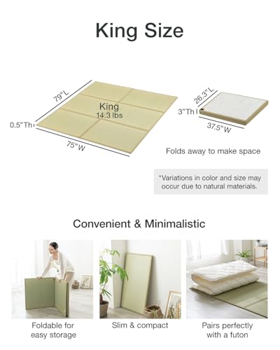 FULI Japanese Tatami Mattress, Foldable Igusa Rush Grass, Natural, King | Tatami Rug, Japanese Floor Mattress Mat, Made in Japan, 0.5 in thick, firm woven surface, tri-fold design - size: King (79"L x 75"W x 0.5"Th), style: Foldable Mat