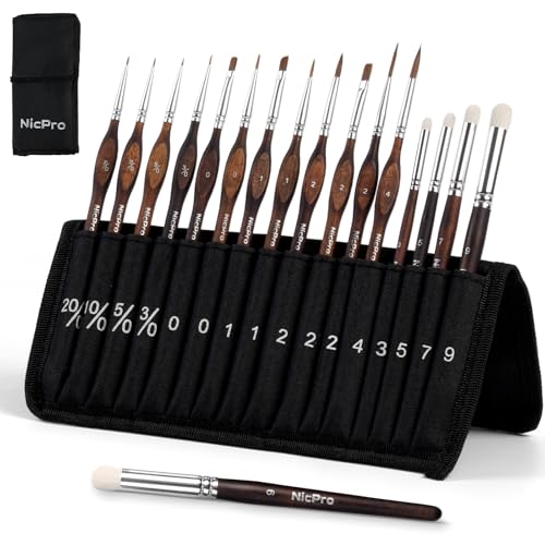 Nicpro 16 PCS Kolinsky Sable Miniature Paint Brushes Dry Brush | Professional Model Paint Brush Set with Cloth Roll, Fine Detail Brush Set for Miniatures, Acrylic & Figures, Model,Watercolor - size: 16 PCS