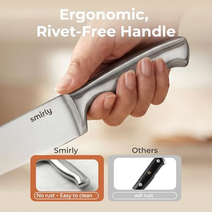 SMIRLY 15 Piece Knife Set with Block for Kitchen - Stainless Steel Knives | Heavy Duty Knife Block with Sharpener Rod, High Carbon Stainless Steel Knives, Dishwasher Safe, Ergonomic Handle
