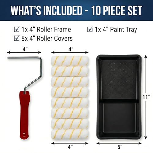 Paint Roller Kit 10 Piece, 4 Inch Microfiber Paint Roller Frame with Mini Plastic Paint Tray, House Painting Supplies, High Absorbency, Reusable & Easy to Clean