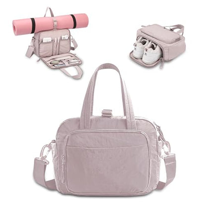 mini gym bag for women, travel duffel bag with wet pockets and Shoe Compartment,Lightweight carry on weekender duffel, water resistant,for sports,yoga,dance,pink - color: purplish-pink