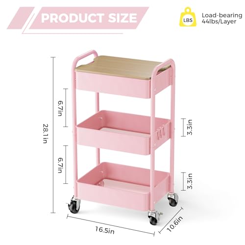3-Tier Rolling Cart with Table Top, Metal Utility Cart on Wheels | Sturdy Storage Organizer Cart with Lockable Wheels&Hooks for Craft, Office, Classroom, Kitchen and Bathroom, Pink - color: Pink
