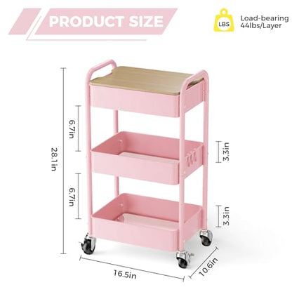 3-Tier Rolling Cart with Table Top, Metal Utility Cart on Wheels | Sturdy Storage Organizer Cart with Lockable Wheels&Hooks for Craft, Office, Classroom, Kitchen and Bathroom, Pink - color: Pink