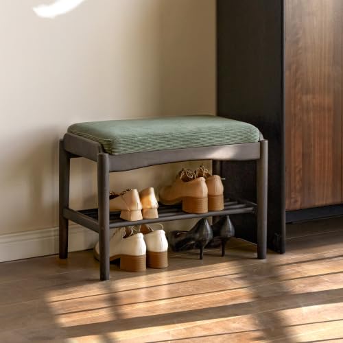 Black Wood Shoe Bench, 24 Inch Entryway Bench with Green Cushion - color: Black + Green Cushion, size: 23.62"
