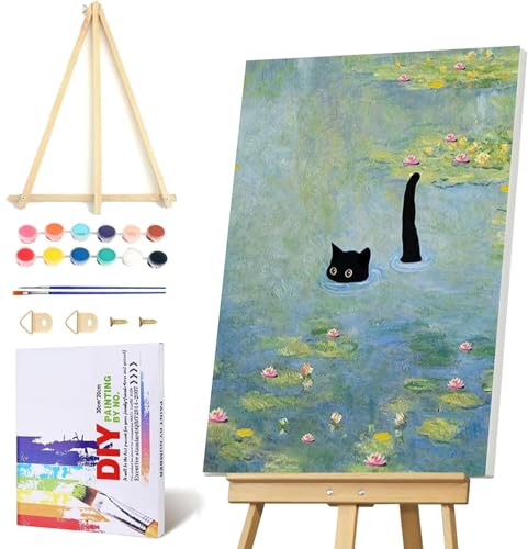 VIGEGU Black Cat Pond Paint by Numbers Kit for Adults with Framed | Paint by Number with Wooden Easel DIY Nice Box Acrylic Oil Painting,for Wall Decor 8x12inch - color: Paint by Number -2