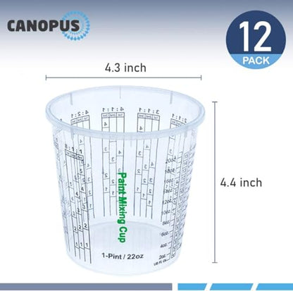 CANOPUS 22-oz Paint Mixing Cups, Pack of 12 Cups with 3 Lids, Reusable and Solvent-Resistant Clear Plastic Containers for Paint, Epoxy, Resin, Oil, and Thinner - size: 22 oz