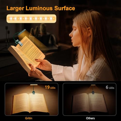 Gritin 19 LED Rechargeable Book Light for Reading in Bed | Eye Caring 3 Color Temps,Stepless Dimming Brightness,Memory Function,90 Hrs Runtime Lightweight Clip on Light-Blackish Green - color: Blackish Green