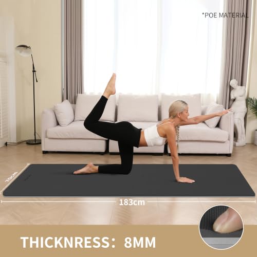 8mm Thick Yoga Mat Non Slip for Women Men | 72"x28" mat for gym, pilates, studio. POE, reversible, non-slip, tear-proof, odorless, easy-clean, strap. - color: Black+Gray