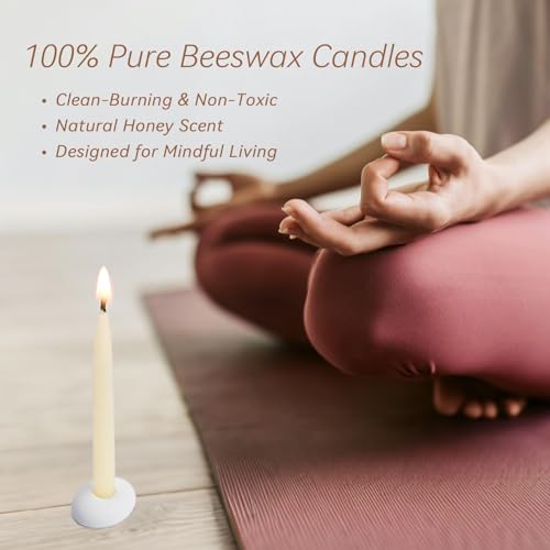 20 Minute 100% Pure Beeswax Candles, Mini Mindful Meditation Taper Candles, Smokeless & Dripless with Holder for Yoga, Prayer, Relaxation (White,24 Pack) - color: White