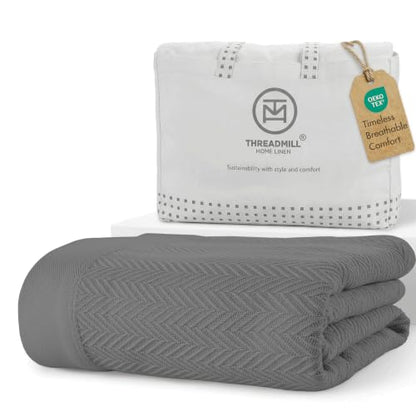 Threadmill Luxury 100% Cotton King Herringbone Blanket, Dark Grey - color: Dark Grey, size: King (106" x 92")