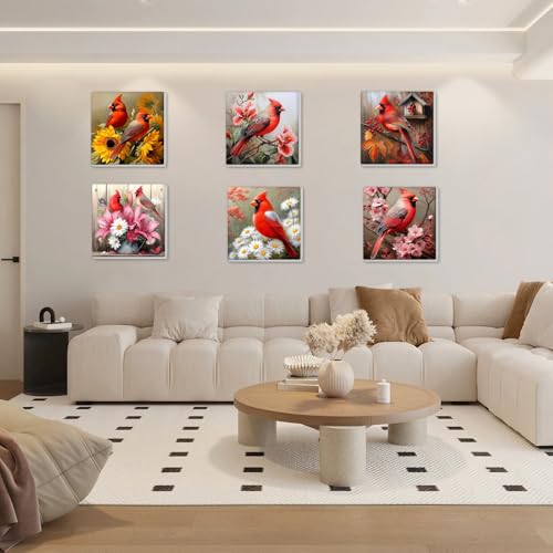 Bowetile 6 Pack Framed Spring Paint by Numbers Cardinal for Adults Beginners, Adults' Paint-by-Number Birds Kits on Canvas, DIY Acrylic Number Painting Crafts Kits Gifts for Home Decor, 8x8in - color: Cardinal