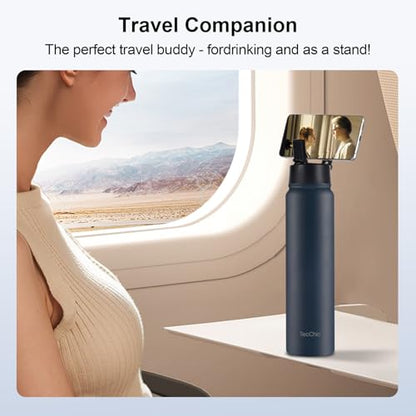 Insulated Water Bottle with Magnetic Phone Holder Compatible with MagSafe and iPhone,Double-Sided Magnet,Hot 12H Cold 24H,Stainless Steel Water Bottle Phone Mount for Sports Travel,24oz (Pink) - color: Pink
