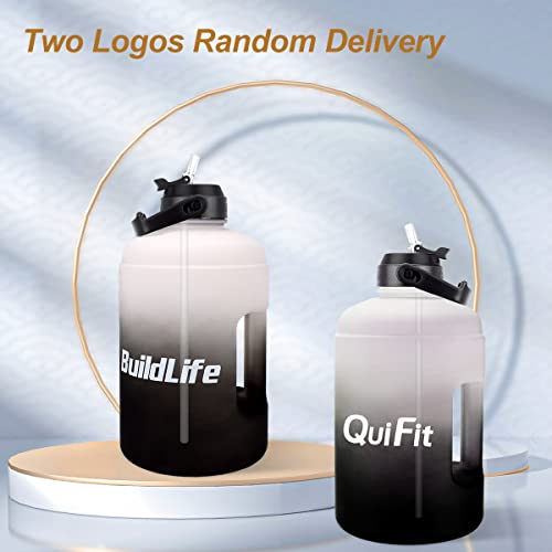 QuiFit 1 Gallon Water Bottle - with Straw & Motivational Time Marker Leak-Proof BPA Free Reusable Gym Sports Outdoor Large(128OZ/73OZ) Capacity Water Jug - color: QFA1 Gray/Black Gradient, size: 128 Ounces