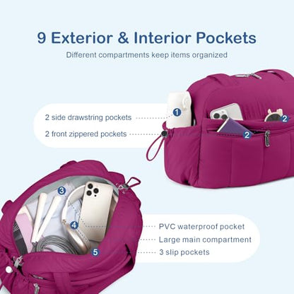 TOPDesign Travel Duffel Bag for Women, Puffer Gym Bag Sports Tote with Wet Pocket, Carry On Weekender with Luggage Sleeve (Dark Purple) - color: Dark Purple