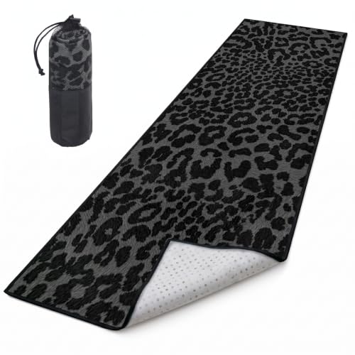Leopard Yoga Mat Towel with Storage Bag, Non-Slip Towel 72 x 27 In (Black) | Lightweight Travel Workout Towel, Soft, Sweat Absorbent, Quick-Drying, Ideal for Hot Yoga, Home Yoga, Pilates, Gym - color: Black