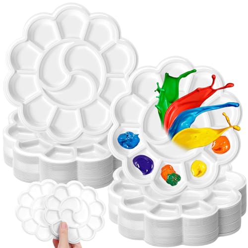100 Pcs White Flower Shape Paint Tray Palettes 5.5 inch Disposable Round Plastic Paint Palette Bulk Watercolor Craft Supplies for Art Class, DIY Craft, Painting Party, Birthday Party - style: Flower Petal