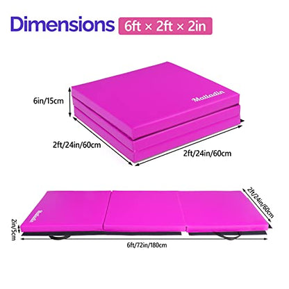 Matladin 6' Folding Tri-fold Gymnastics Gym Exercise Aerobics Mat, 6ft x 2ft x 2in PU Leather Tumbling Mats with Hook & Loop Fastener for Stretching Yoga Cheerleading Martial Arts - color: 'Purple