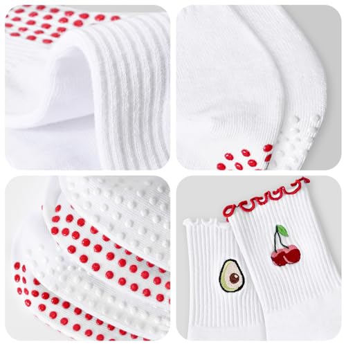Women's Pilates Grip Socks, Ruffle Non Slip Bow Pattern Yoga Socks | Grippy, Frilly Trim, Embroidery, Crew Length, Soft Cotton, Arch Support, for Barre Ballet Dance Workout Hospital Home Gifts - color: E01-white(cherry) + White(avocado)