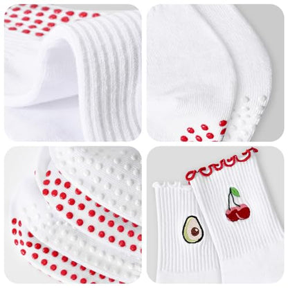 Women's Pilates Grip Socks, Ruffle Non Slip Bow Pattern Yoga Socks | Grippy, Frilly Trim, Embroidery, Crew Length, Soft Cotton, Arch Support, for Barre Ballet Dance Workout Hospital Home Gifts - color: E01-white(cherry) + White(avocado)