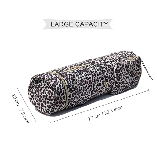ESVAN Yoga Mat Bag with Multi Pockets Drawstring Yoga Mat Carrier Pilates Exercise Multi-Functional Storage Bag - color: Canvas Leopard Print