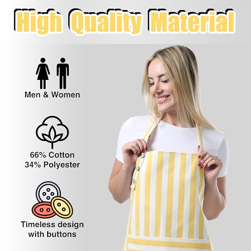 TOSHEX Kitchen Apron Cotton Waterdrop Resistant Adjustable Button Women Men | Premium Cotton Cooking Apron with Pocket. Striped, Gift, Yellow - color: Yellow