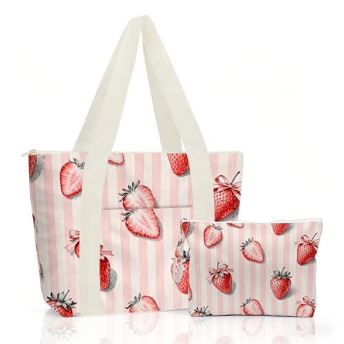 IAXIC Waterproof Tote Bag and Wet Bag Set, Summer Pattern Design for Beach Travel Gym Holiday Gifting - color: Pink Stripe Strawberry