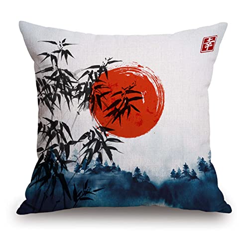 TSSOHU Throw Pillow Cover Japanese Bamboo Pillow case Asian Ink Painting Black Tree Stems Red Sun Mountains Decorative Pillow Case Funny Home Decor Square 18 x 18 Inch Cushion Pillowcase - color: Tss47