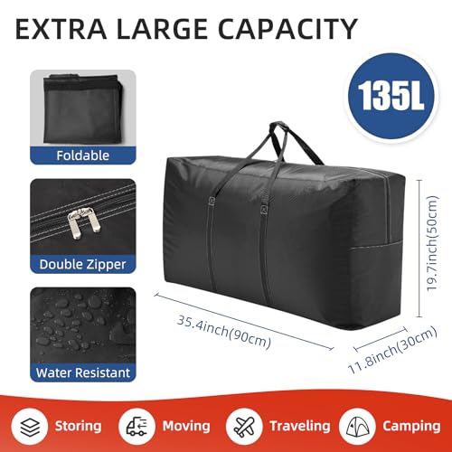 Extra Large travel duffel bag with Strong Handles, Waterproof duffel bag, Durable Zippers, Extra Large Storage Totes for Space Saving and Moving Supplies - color: Black, size: L - 35.4″ × 11.8″ × 19.7″