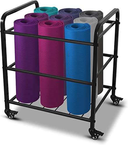 MM MELISEN Black Yoga Mat Storage Rack, Home Gym Studio Organizer Cart for Foam Roller, Yoga Strap and Resistance Bands, Movable Black Sports Equipment Storage Rack with Wheels