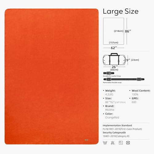 Molithe 100% Wool Blanket, 62" x 86", Warm, Thick, Military, Camping Gear - color: Orangered, size: Large