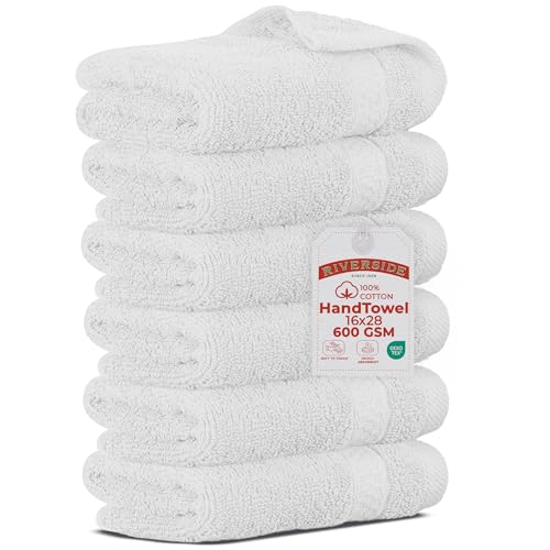 RIVERSIDE 6-Pack Premium White Hand Towels Set, 16x28 Inches, 600 GSM | 100% Ring Spun Cotton, Super Soft, Quicker to Dry and Highly Absorbent, Towels for Bathroom, Kitchen, Gym, Spa, Salon, Hotel - color: White, size: Hand Towels - 6 Pack