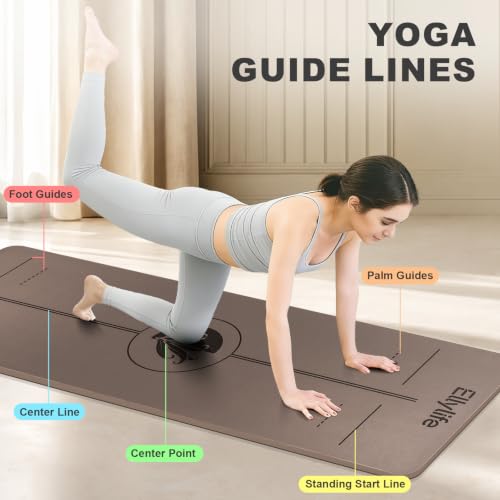 Yoga Mat - Non Slip Natural Rubber Yoga Mat, Alignment Lines, Ultimate Grip | Anti-Tear, Durable & Thick 5mm, Skin-Friendly with Free Carry Strap, Bag, for Yoga, Pilates Fitness and Floor Exercises - color: Brown
