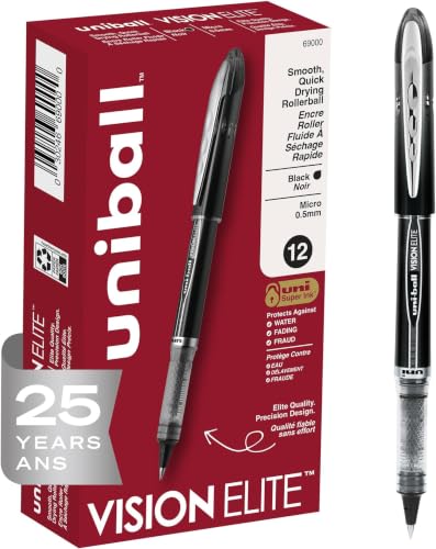 Uni-Ball Vision Elite Rollerball Pens Fine Point Micro Tip, 0.5mm, Black, 12 Count (Pack of 12) - color: Black, size: 12 Count (Pack of 12), style: Micro Point